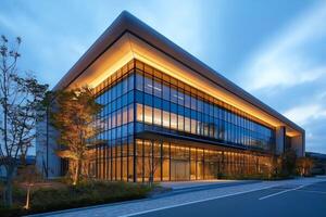 Modern glass office building glowing at dusk with landscaping photo