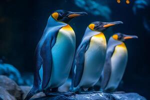 King penguins standing on rock in dark blue background photo
