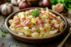 Fried cabbage with bacon and thyme lying on a wooden plate photo