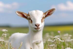 Cute goat kid enjoying a sunny day in the meadow photo