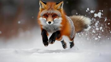 Red fox jumping in the fresh snow during winter photo