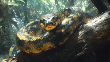 Large python resting on a branch in the rainforest photo