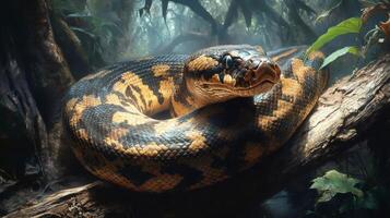 Large python resting on a branch in the jungle photo