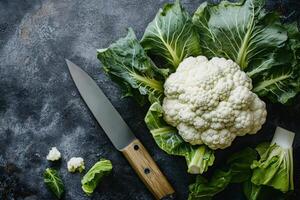 Fresh cauliflower head with green leaves and knife lying on dark rustic kitchen table photo