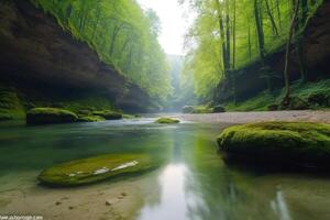 Pristine river flowing through a canyon with mossy rocks and lush green forest photo