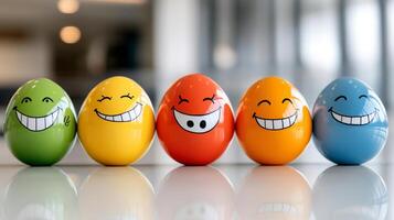 Five colorful easter eggs with funny smiles are aligned on a white glossy surface photo