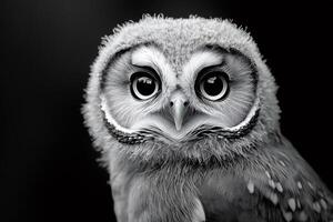 Curious owl staring with big eyes in black and white photo
