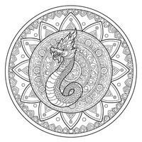 A coloring page with a dragon in the center vector