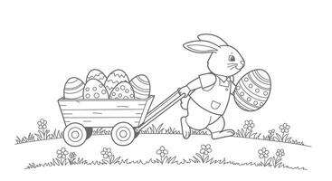 High-Quality Outline of an Easter Bunny Pulling a Small Wagon Filled With Decorated Easter Eggs vector