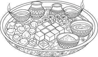 A coloring page with a bowl of food and a bowl of water vector