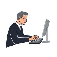 A man in a suit is working on a computer vector