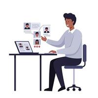 Man sitting at desk with laptop and computer screen showing people vector
