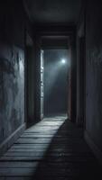 A dimly lit hallway beckons with an open door, a single ray of light shining through, creating an atmosphere of mystery and intrigue. photo