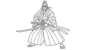 A coloring page of a Japanese samurai with two swords vector