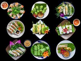 Set collage of different types of vietnamese spring rolls on a black background photo