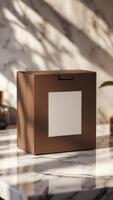 Sophisticated product packaging elegantly displayed with a luxurious marble background. The neutral tones create a serene atmosphere. photo
