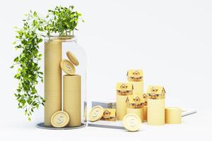 A transparent jar filled with stacked coins and green plants symbolizes financial growth. Small houses atop golden coin stacks represent investment and real estate market expansion. 3d rendering. photo