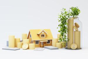 A modern house surrounded by golden coins symbolizes real estate investment. A glass jar filled with stacked coins and green plants represents financial growth and wealth accumulation. 3d rendering photo