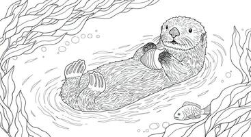 An otter is swimming in the ocean coloring page vector