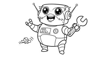 A robot with a wrench in his hand coloring page vector