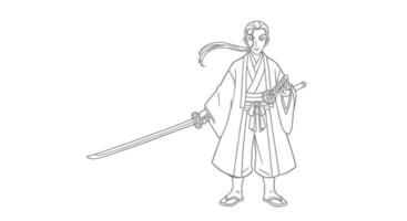 A coloring page of a samurai warrior with a sword vector