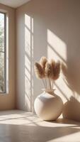 Sunlit vase with floral plumes casting shadows, creating a serene ambiance in this minimalist neutral-toned room near a window. photo