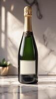 A luxurious champagne bottle sits on a marble surface, showcasing a blend of elegance and celebration in a sophisticated composition. photo