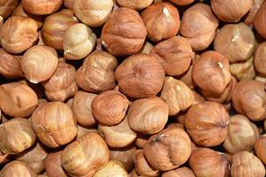 A lot of peeled appetizing hazelnuts photo