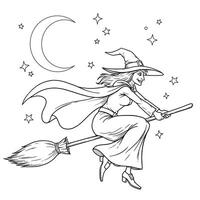 A witch flying on a broom with the moon in the background coloring pages vector
