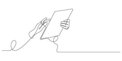 hand using digital tablet online working and communication one line drawing continuous vector