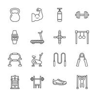 A set of fitness icons including a dumbbell, a kettlebell, a jump rope vector