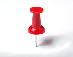 isometric 3d red push pin on isolated background, glossy office thumbtack for bulletin board, sharp metal tack for pinning paper, stationery tool for organization and reminders photo