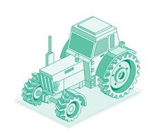 Isometric tractor isolated on white background. Outline object. Large heavy modern agricultural tractor for fieldwork. vector