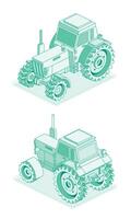 Isometric tractor isolated on white background. Outline object. Large heavy modern agricultural tractor for fieldwork. Front and back view. vector