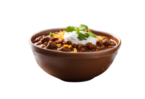 Beef chili in a bowl, viewed from a low angle with soft lighting. png