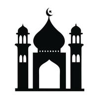 This stylized, black and white silhouette depicts a mosque, likely in a desert region, complete with a crescent moon and palm trees. vector