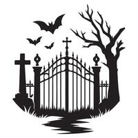 Spooky Halloween Graveyard Gate Silhouette Illustration with Bats and Tree vector