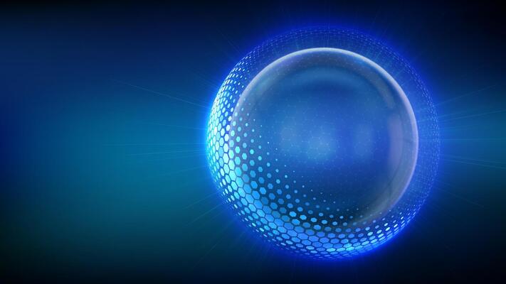 Glass transparent protection sphere shield. Sphere shield with hexagon pattern on blue background. Bubble shield in the form of a force energy field. Protection and safety concept. illustration