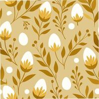 Seamless floral pattern with gold foil accents and white eggs spring vibes paper design warm background aesthetic concept vector