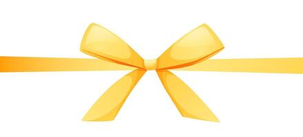 A knotted bow made of gold, yellow ribbon. The bow is placed in the middle of a rectangular format. Ribbon for wedding invitations, certificates, gift boxes, with space for text on a white background. vector