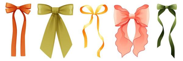 Set different hair ribbons, bows of different colors in cartoon style, sets of vintage bows for girls. Isolated ribbons. Attributes, decoration of parties, holidays, bow for gift wrapping, box. vector