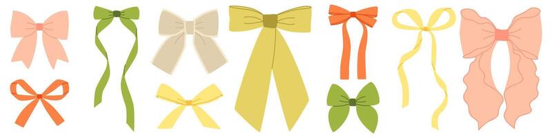 Set different hair ribbons, bows of different colors with edging, sets of vintage bows for girls. Isolated ribbons. Attributes, decoration of parties, holidays, bow for gift wrapping, box. vector