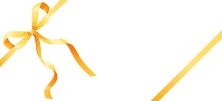 A knotted bow made of gold, yellow ribbon. The bow is placed in the corner of a rectangular format. Ribbon for wedding invitations, certificates, gift boxes, with space for text on a white background. vector