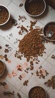Many bowls of food are scattered on the floor photo