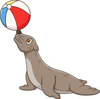 Cute seal cartoon balancing a beach ball on its nose, a playful and fun animal image for branding, summer promotions, and childrens products. vector