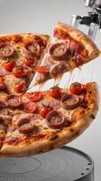 Diablo pizza with sausages tomatoes and cheese on a white background pizza constructor levitation photo
