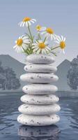 A stack of stones with daisies in the middle photo