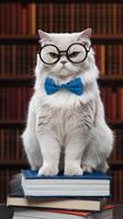 A cat wearing glasses and a bow tie sitting on top of a stack of books photo