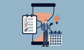 Businessman check deadline checklist with hourglass to do list time management effective business planning vector