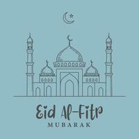 Simplistic Eid al-Fitr celebration design featuring an elegant mosque silhouette on a soft blue background with Islamic moon and star vector